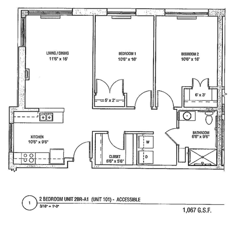 Floor plan for 2 beds, 1 bath, 1067 sqft